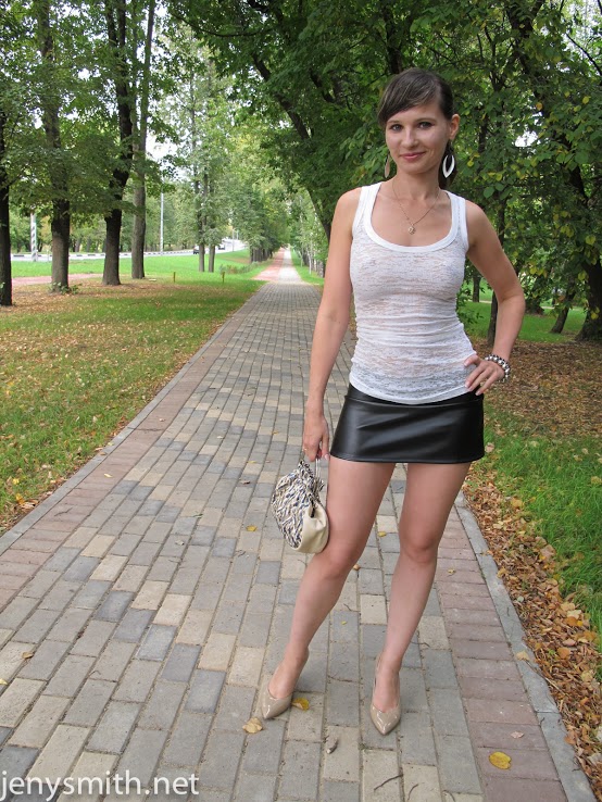 Jeny Smith in Black Leather Mini Skirt